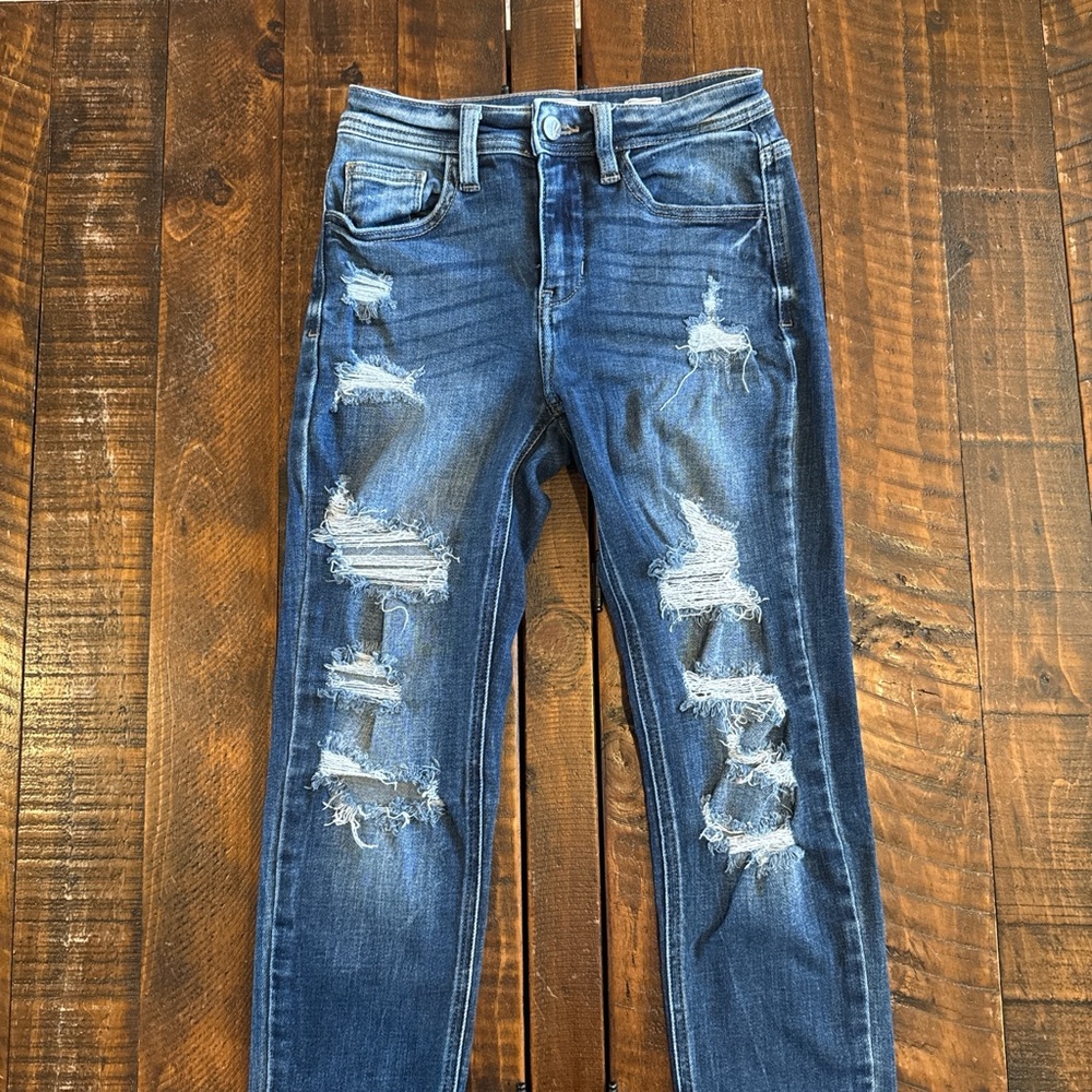 KanCan Signature Mid Rise Ankle Skinny Distressed Jeans Size 25 Dark Wash